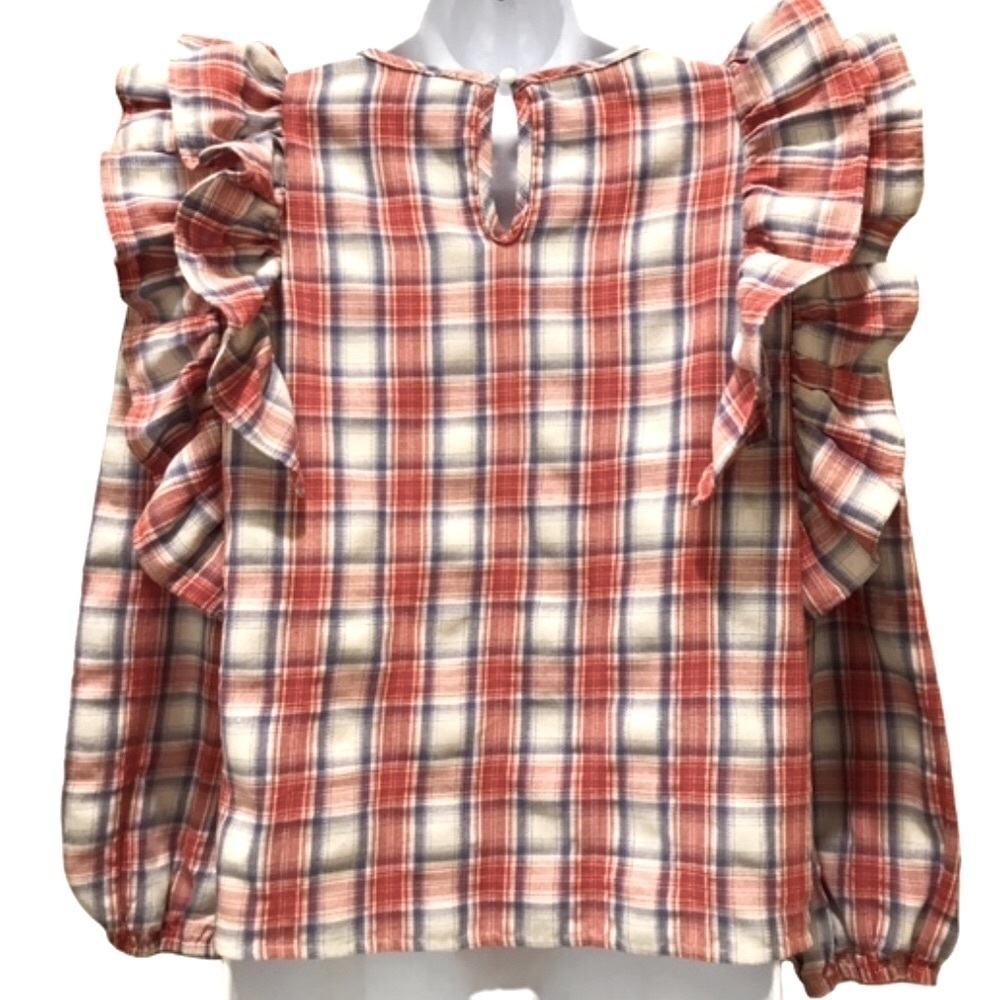 WOMENS PLAID RUFFLE BLOUSE, WOMENS SZ M?, RED, BLUE, WHITE - Picture 5 of 7